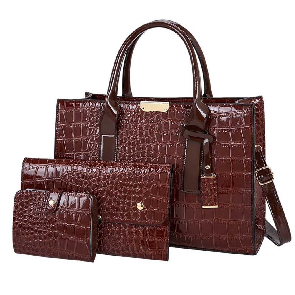 3PCS Bag Set Women's Solid Stone Pattern Leather Handbag Vintage Clutch Wallet Zipper Shoulder Bag Sac A Main: COFFEE