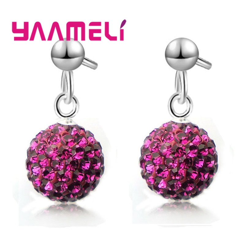 Pendientes de plata esterlina 925 para mujer y niña, aretes de cristal austriaco con bola de discoteca, aro con palanca trasera, joyería Huggie,: Azul de zinc