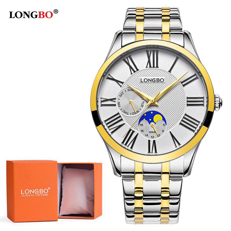 Longbo Quarzuhr Liebhaber Uhren Frauen Männer Paar Analog Voller Edelstahl Geschäft Armbanduhren lässig Gold 1/stücke: Gold Mann Geschenk Kasten