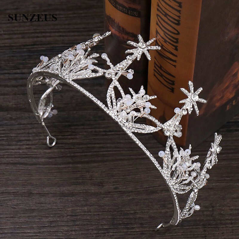 Corona nupcial de plata con cristales, Tiara con estrellas brillantes, diadema, accesorio de boda, Reina, SQ0328