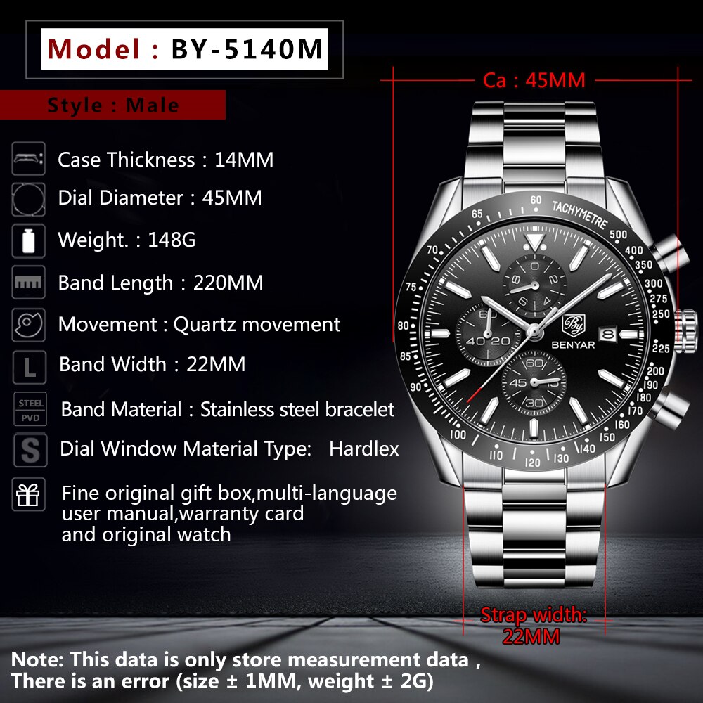 Reloj BENYAR para hombre, reloj de cuarzo de acero completo para negocios, reloj de de lujo informal resistente al agua para hombre, relojes deportivos masculinos con cronógrafo