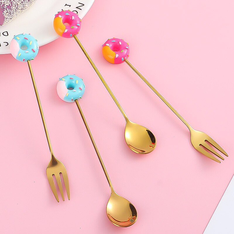 Donut Fork Spoon Stainless Steel Doughnut Dessert Fruit Forks Honey Coffee Stirring Spoon Baby Kid Cutlery Dinnerware Accessorie
