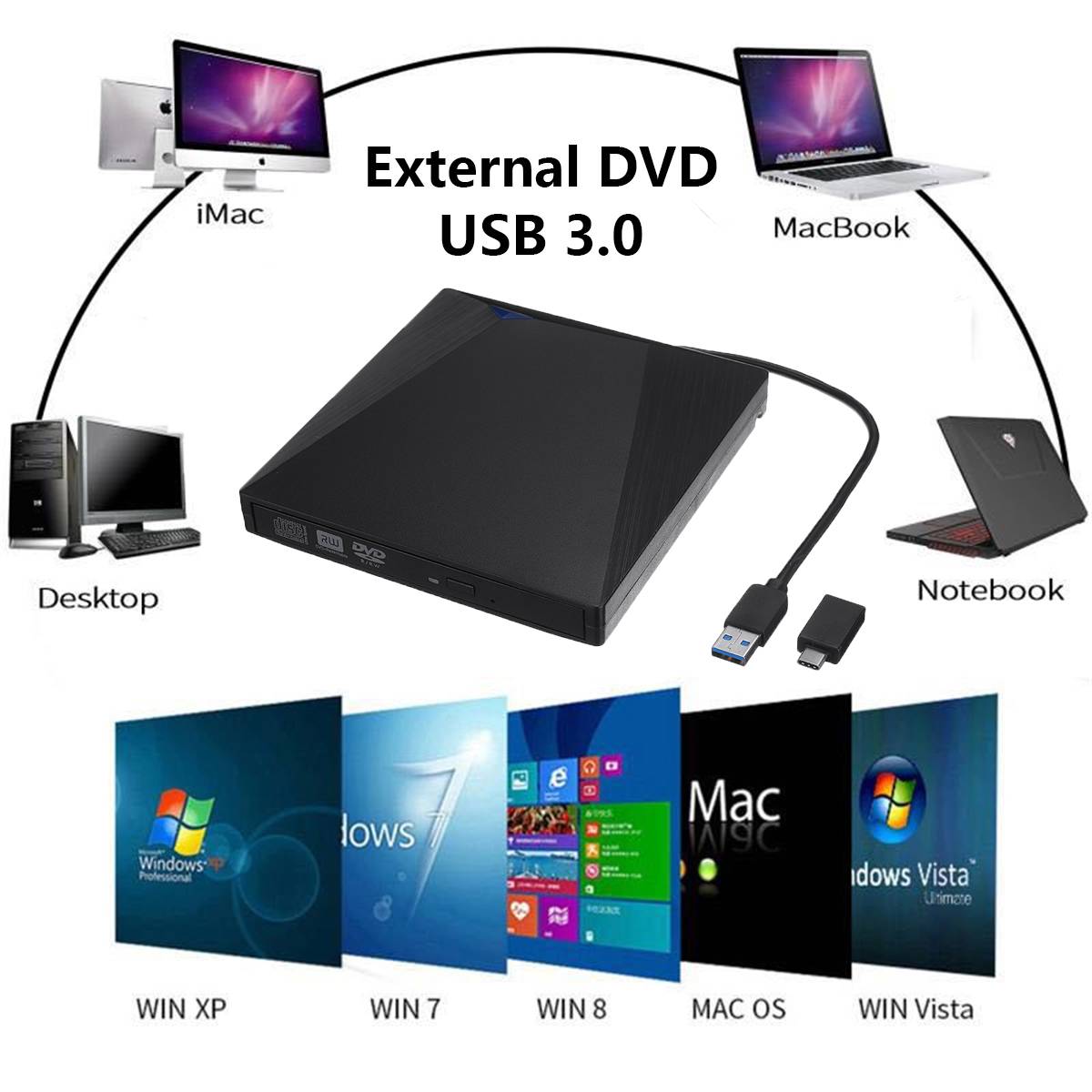Lecteur optique externe usb 3.0, graveur de DVD, RW, graveur de CD, lecteur optique mince, Type plateau, Portable pour PC Portable