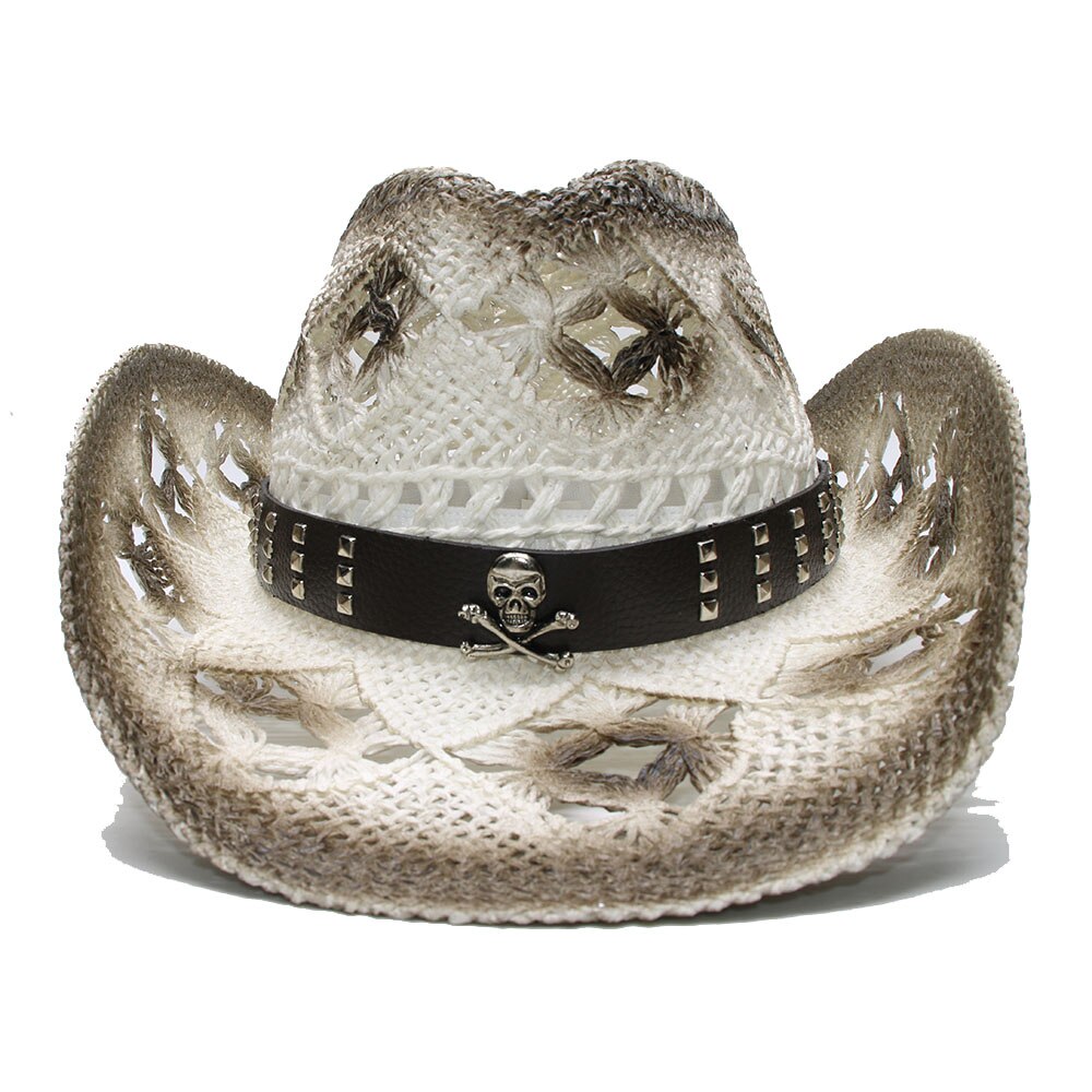 Luckylianji Retro Zomer Vintage Vrouwen Mannen Brede Rand Stro Strand Cowboy Cowgirl Westerse Hoed Hollow Out Skull Lederen Band 58Cm