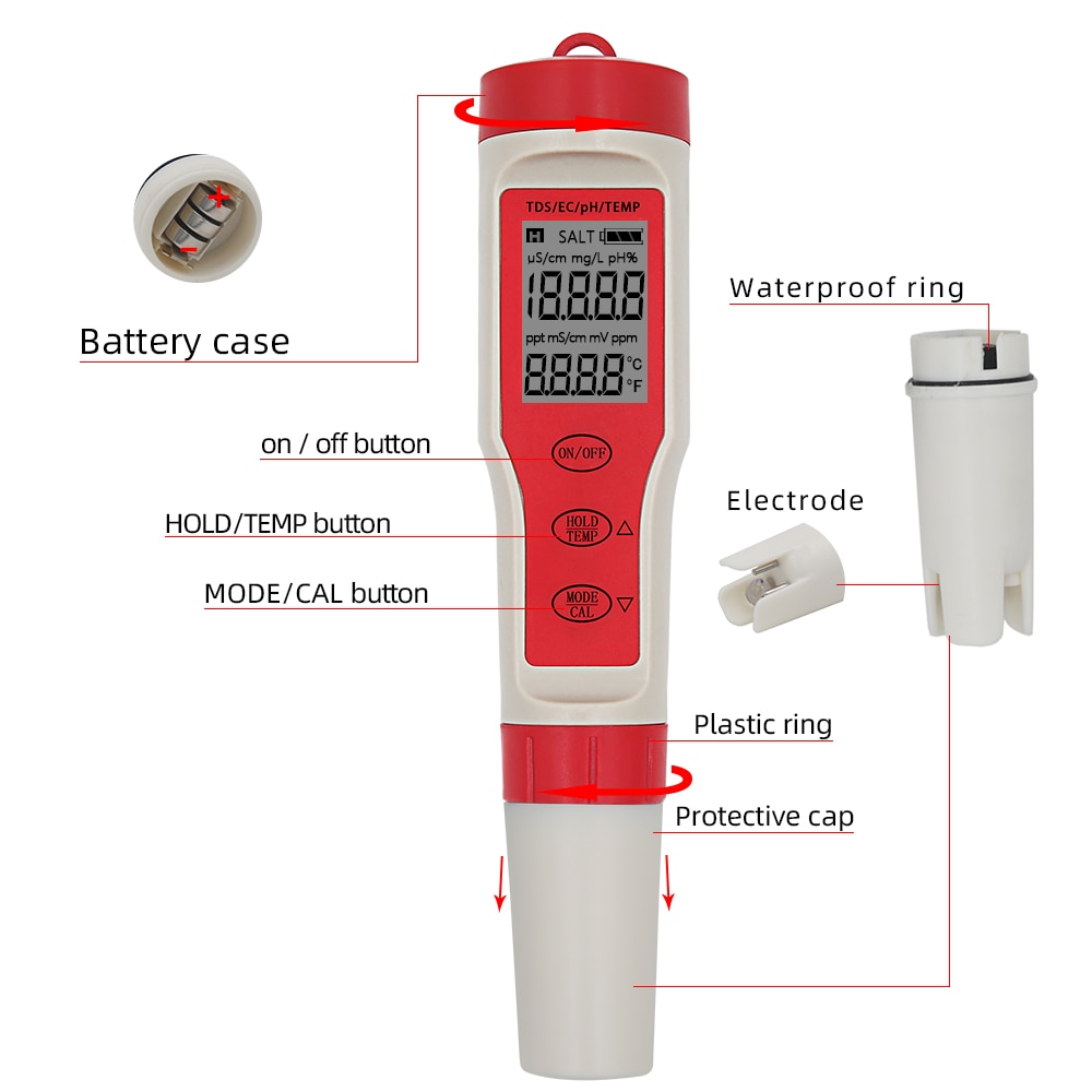 EZ9908 Digital PH Meter 4 in 1 PH TDS EC Temp Tester Replace Probe Water Quantity Measure Tool Wine Urine Analyzer 20%off
