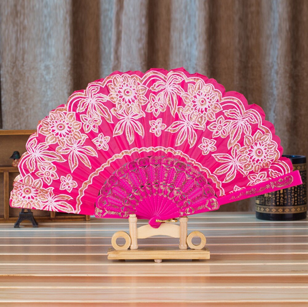 Kinesisk / spansk stil dans bryllupsfest blonder silke folde håndholdt blomstervifte: Hot pink