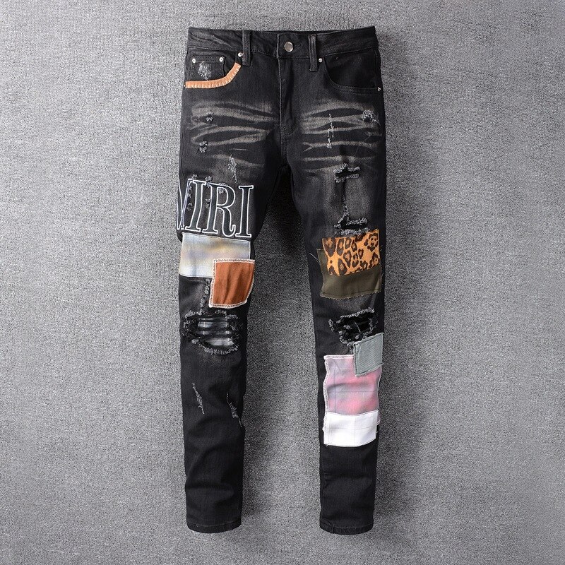 Patch Ripped Blue Jeans Men Slim Fit Washed Denim Jeans Trousers Men Hip Hop DJ Party Jeans Punk Rock Pants 614: 615 / 34
