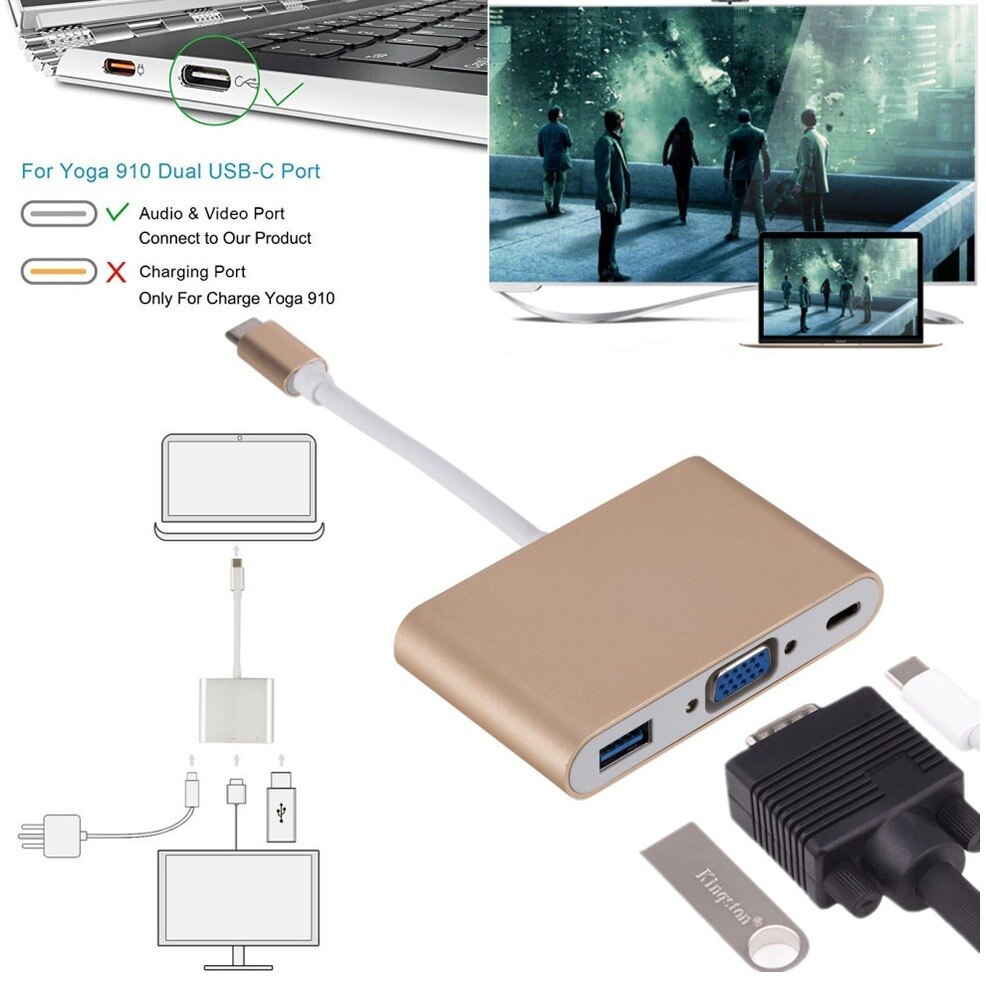 Adaptador multipuerto USB tipo C a VGA USB 3,0, convertidor de vídeo, Cable a VGA, Hub DE DATOS, puerto de carga PD, 3 en 1