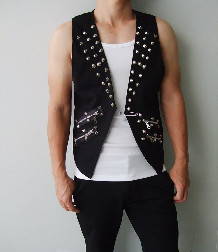 Men's Punk Vest Slim Nightclub Rock Stud Spike Zipper Dj Waistcoat Rivet Lapel Collar Sleeveless Slim Fit