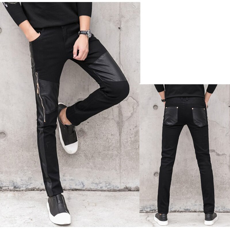 Pu læderbukser mænd imiteret læderbukser skinny koreansk lynlås patchwork bukser sorte blyantbukser mænd