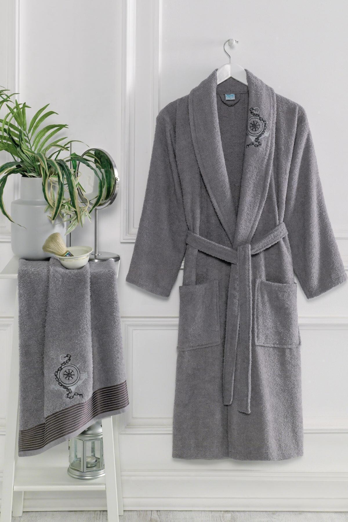 100% Katoen Badjas En Handdoek Set Lange Dikke Badstof Voor Man Bad Zachte Ontspannen Dressing Gown Bruidsmeisje Gewaden Absorberende Dressing Winter herfst gekleurde maat L / XL badjas plus man kamerjas bruidsmeisje g: Light Grey