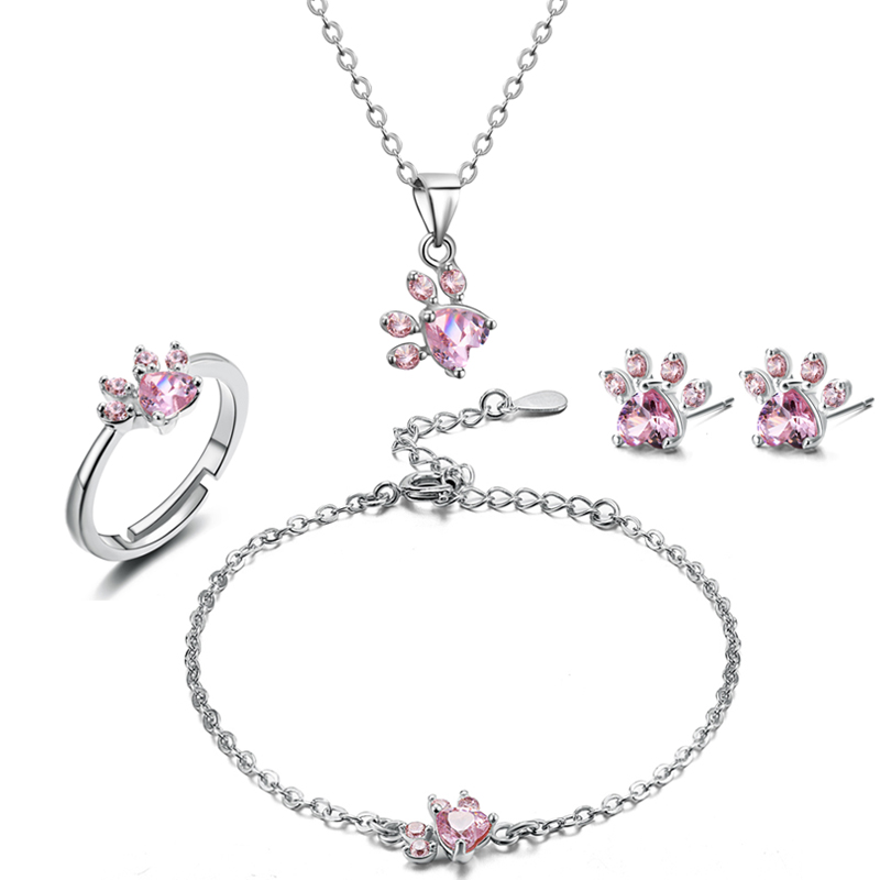 4 Stuks Kat Bear Poot Ring Voor Vrouwen Sieraden Sets Wit Cz Steen Zilveren Kleur Ringen Ketting Armband oorbel Set