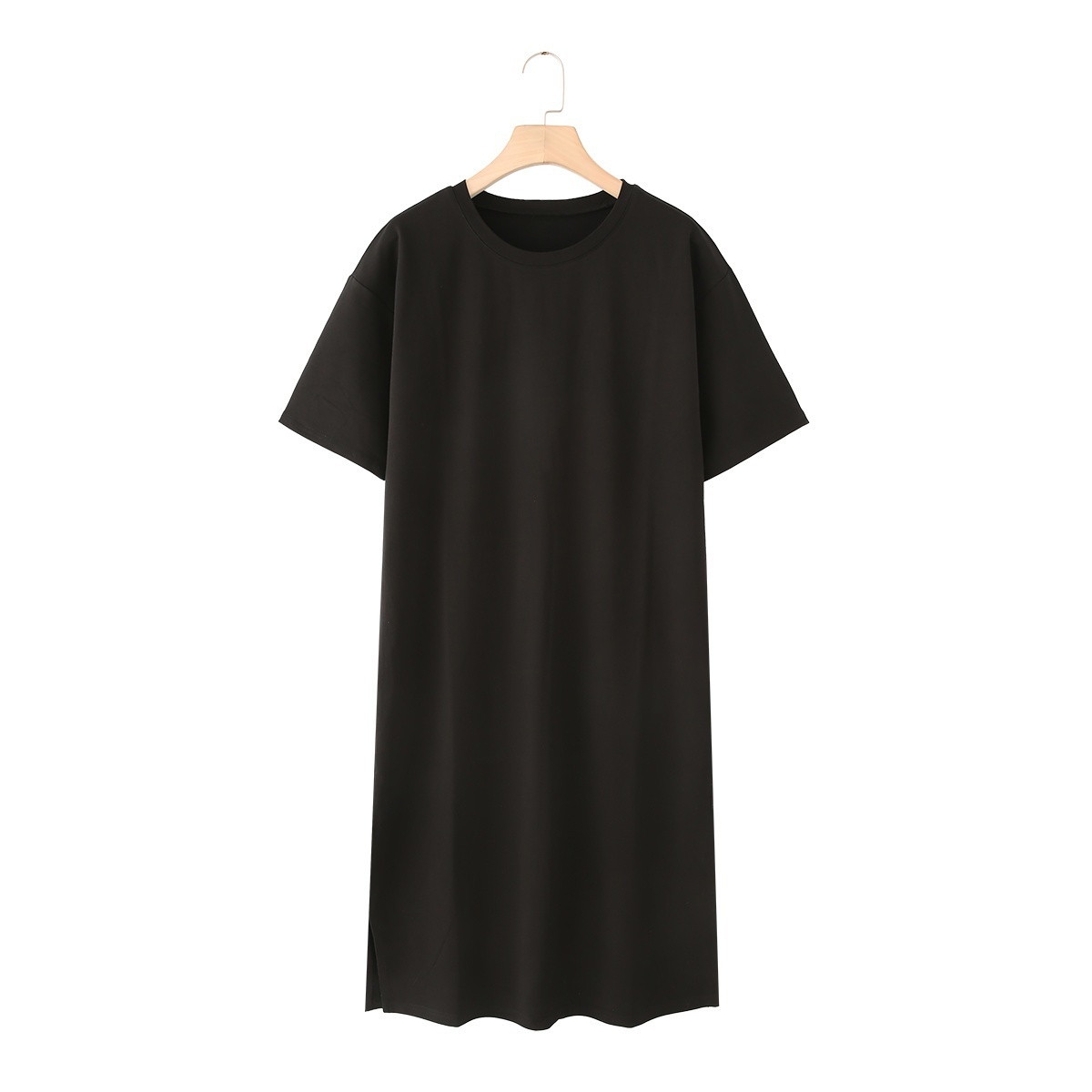 UNIZERA Summer Women's Lazy Simple Short-sleeved Round Neck T-shirt Dress Versatile Loose Slit Long Skirt: S / black