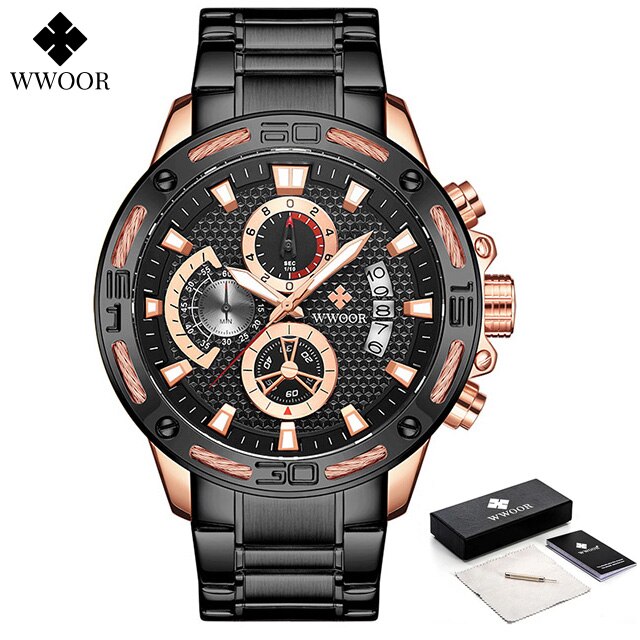 Relojes WWOOR para hombre, superior, de lujo, reloj de cuarzo de acero inoxidable dorado, cronógrafo deportivo resistente al agua para hombre, reloj Masculino: Morado