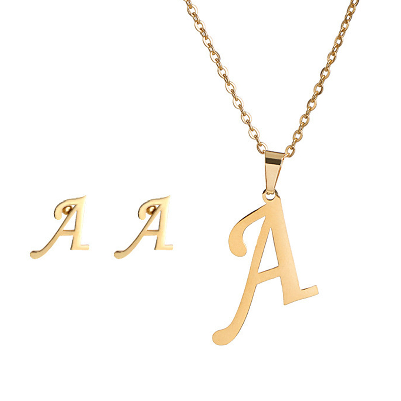 Edelstahl A-Z Alphabet Initial Halskette 26 Englisch Buchstaben Ohrringe Halskette Für Frauen einstellen Personalisieren Schmuck: Schwarz / Hellgelb Gold Farbe