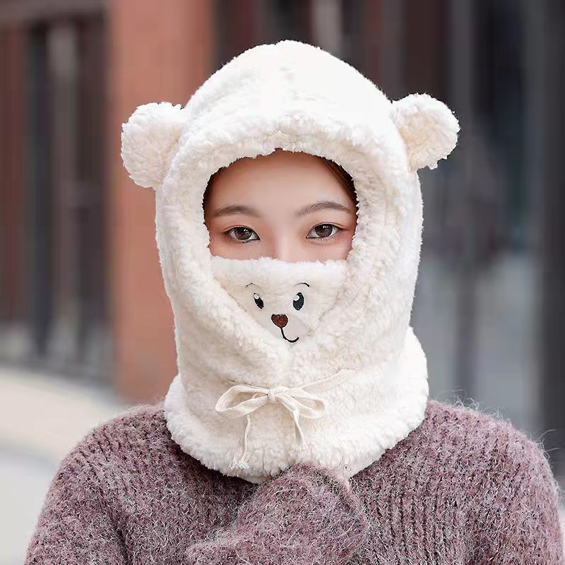 Leuke Cartoon Beer Lam Pluche Warm Solid Panda Caps Sjaal Set Masker Winter Koude Verdikte Bescherming Oor Hoed Voor Vrouwen meisje: Off-white