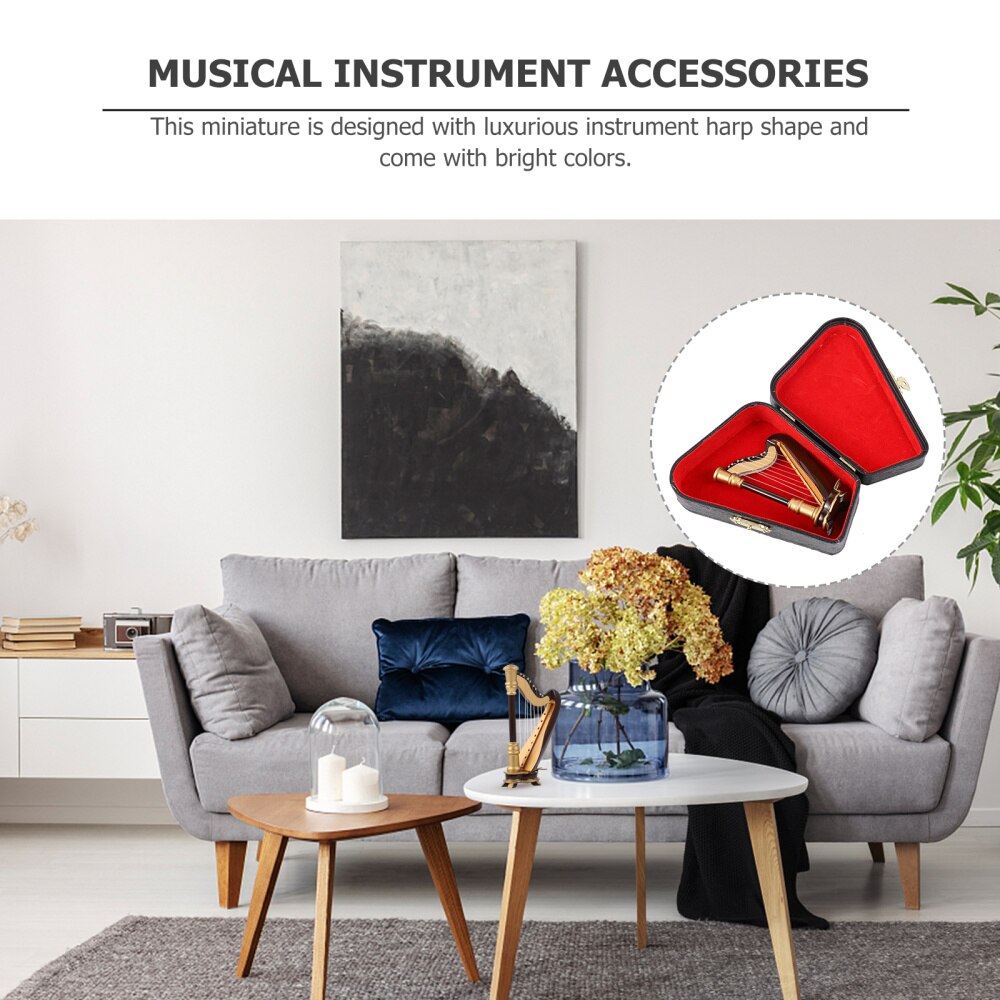 Wooden Miniature Harp with Case Mini Musical Instrument Miniature Ornament
