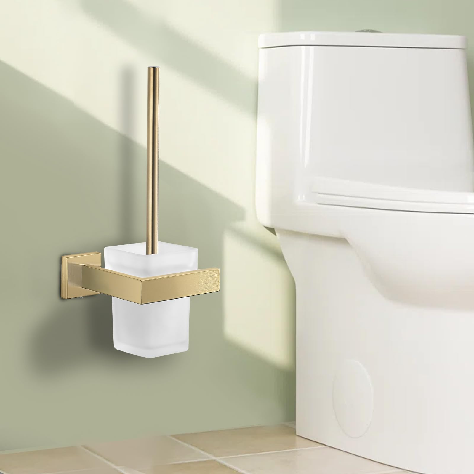 DAZI Scopino bagno WC da Parete installazione adesiva senza forare, Porta Scopino Antiruggine Oro Spazzolato,Spazzolone bagno con Inserto Interno Rimovibile per una Facile Manutenzione del Bagno