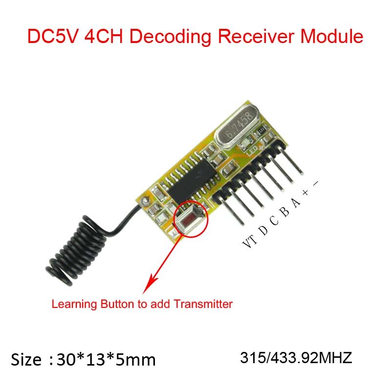 RF Wireless Receiver Module DC5V 4CH Mini Super-heterodyne Receiver Module+Transmitter Learning Code Momentary Toggle Latched