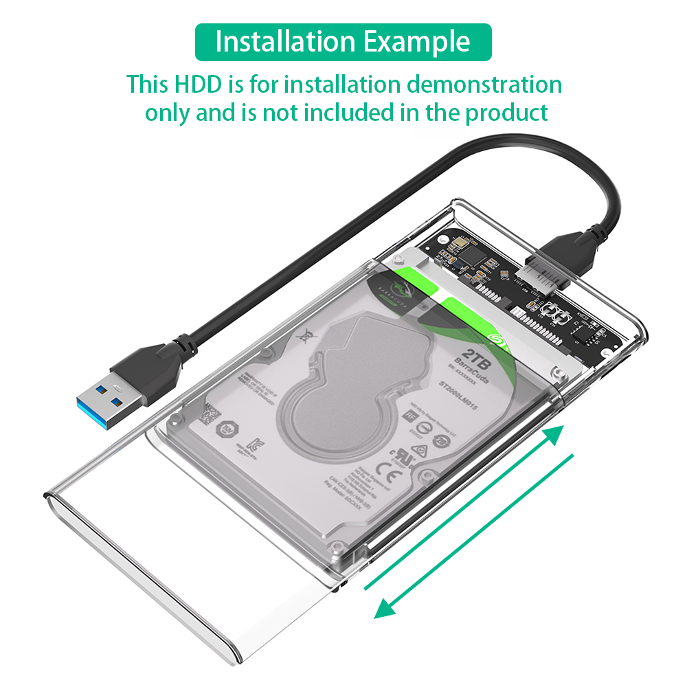 2,5-Zoll-SATA-SSD-Festplattengehäuse, tragbares USB 3.0/Typ C 3.1 auf SATA 2.5 externe Festplatte, durchsichtiges Kunststoffgehäuse