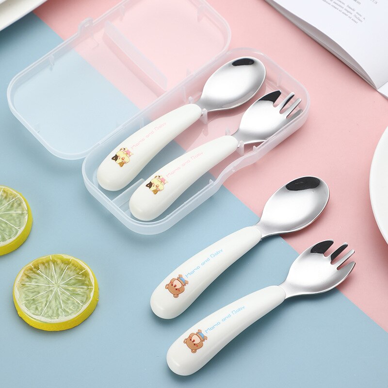 Baby Tableware Set Infant Food Feeding Spoon Fork Gadgets 304 Stainless Steel BPA Free Toddler Cartoon Dinnerware Cutlery