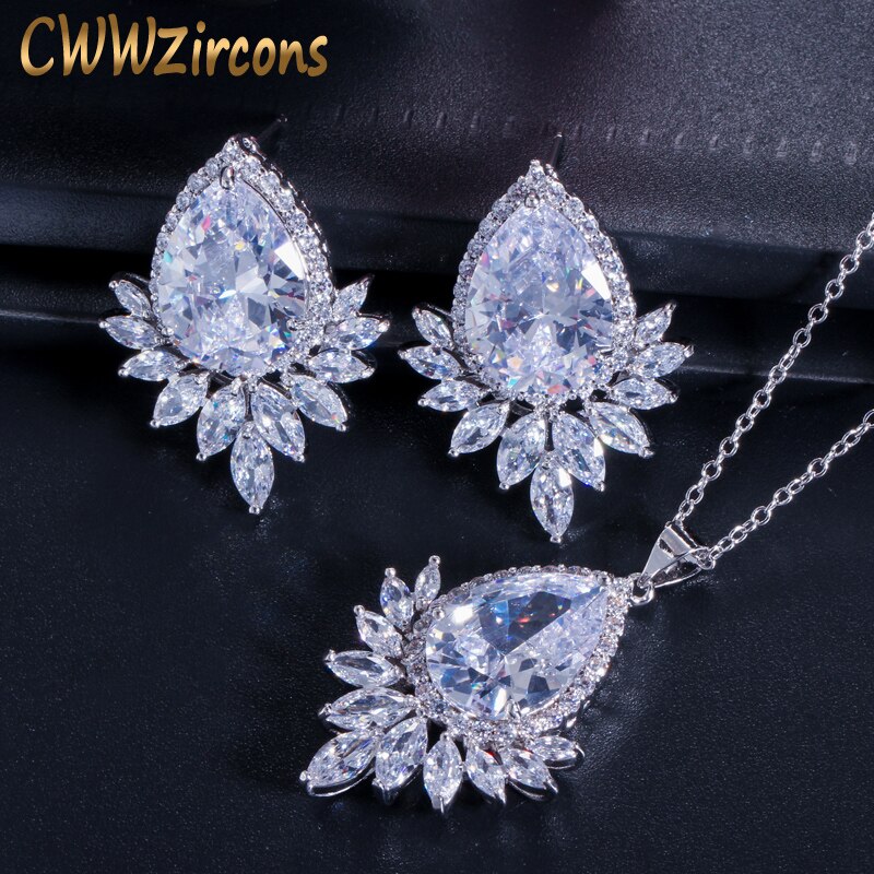 CWWZircons White Gold Color Cubic Zirconia Jewelry Big Tear CZ Ladies Necklace And Earring Set T051