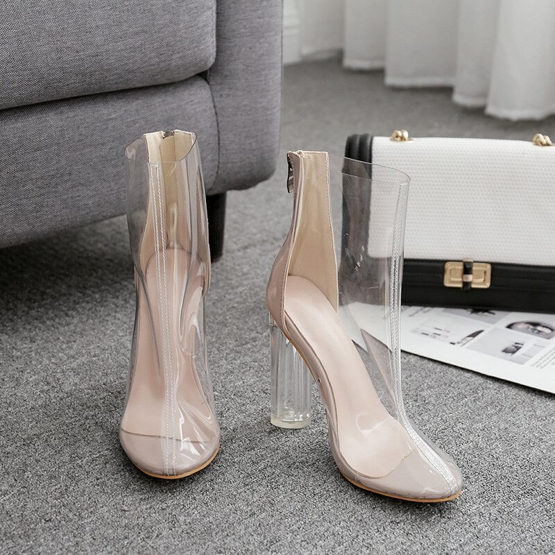 Chunky Heels Sandals Mujer Women PVC Ankle Boots Transparent Thick Heel Pointed Toe Boot Clear Shoes Plus Size Booties