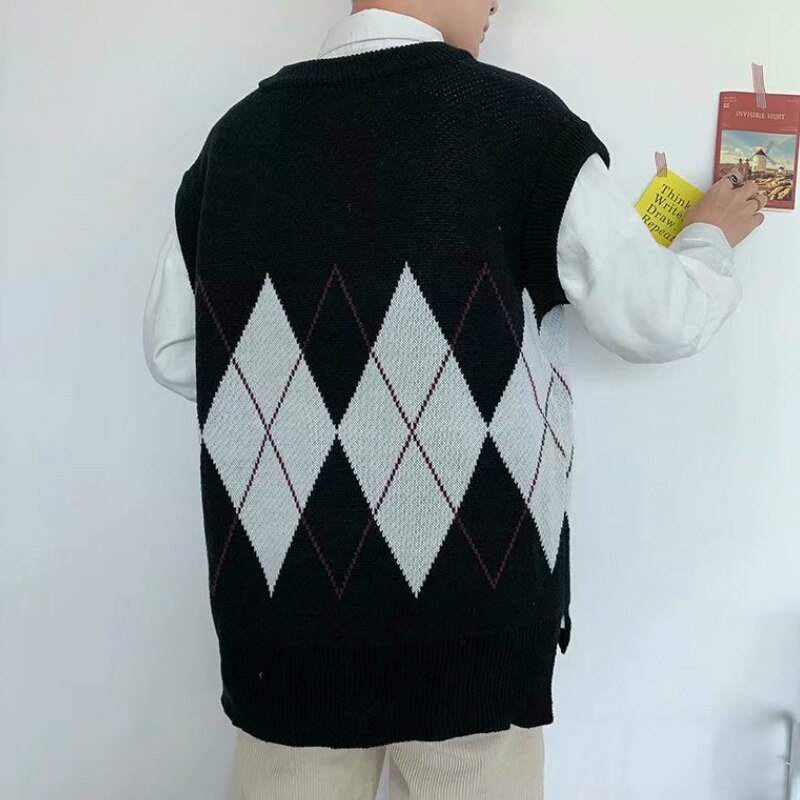 PADEGAO Sweater Vest Men Patchwork V-neck Sleeveless Sweaters Side-slit Couples Teens Vest Retro PDG1821