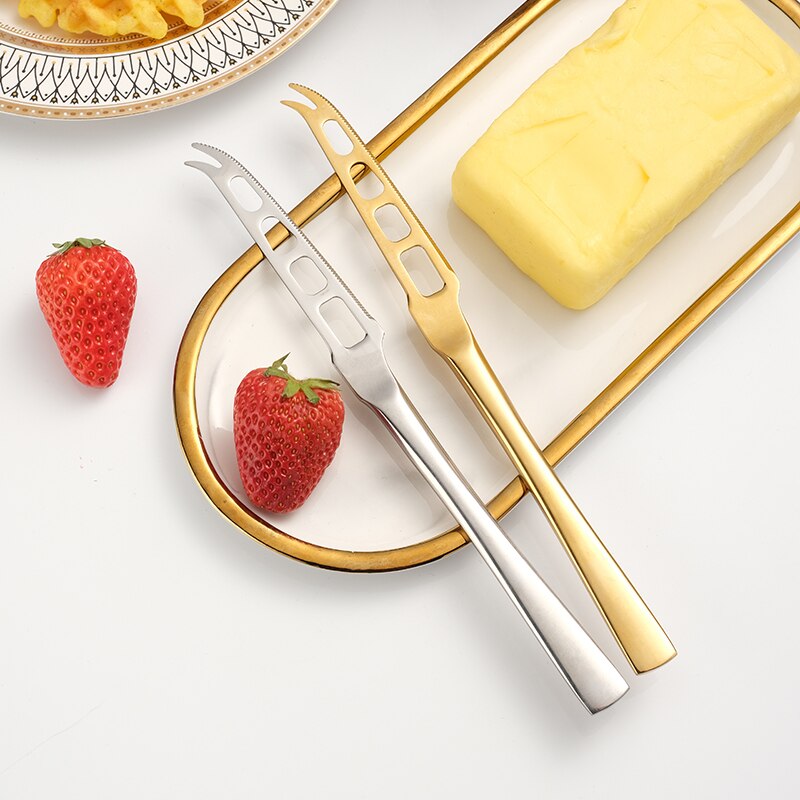 Stainless Steel Cheese Knife With Fork Tip Serrated Cheese Butter Knife Slicer Cutter Cheese Tools Breakfast Bread Jam Spreader