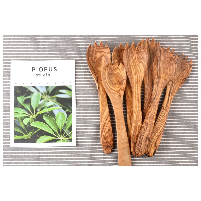 Olijf Houten Lepel Vork 1 Set Real Olivewood Servies Mengen Salade Tool Natuurlijke Salade servers