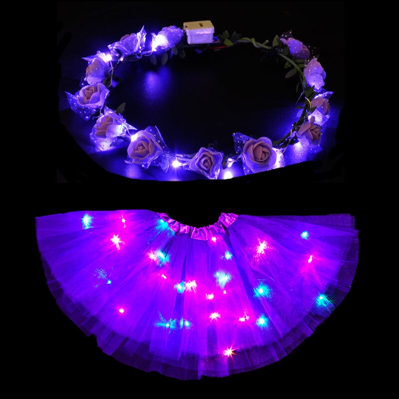 Jupe Tutu lumineuse LED pour femmes et filles, guirlande de fleurs, bandeau, , vêtements de fête néon, Costume de princesse de mariage d&#39;anniversaire: purple skirt