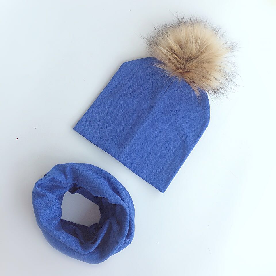 Kinderen Pom Pom Hoed Herfst Winter Baby Hoed Meisjes Jongens Cap Kids Beanie Bonnet Kraag Sjaal Set Baby Cap fotografie Props: 2 blue