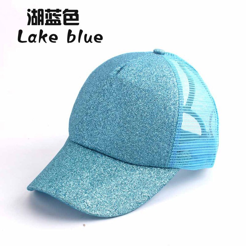 Summer Mesh Baseball Caps For Women Glitter Matte Ponytail Cap Shining Sequins Messy Bun Snapback Hip Hop Hat: lake blue