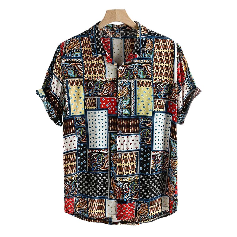 Herr strandskjortor kortärmade sommar boho casual hawaii-t-shirts herrkläder turn down krage skjorta