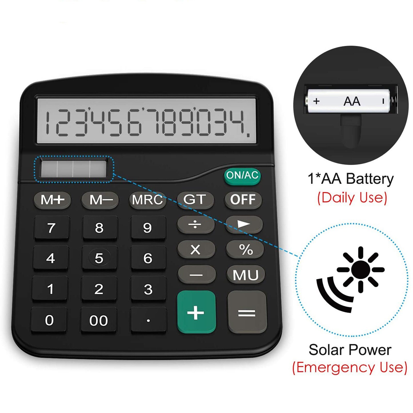 Calculator Standard Function Calculator with 12-Digit Large LCD Display Solar Battery Dual Power For Home Basic Office