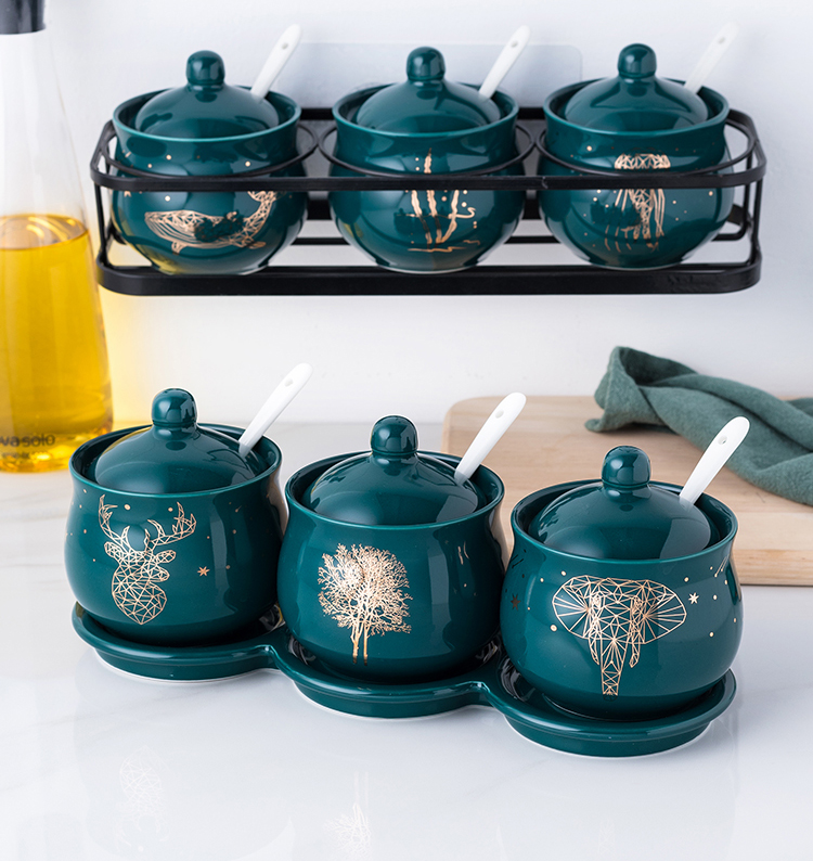 Green Color Forest Ocean Style Sugar Bowl Home Kitchen Set Ceramica Salt Condiment Pot Jars