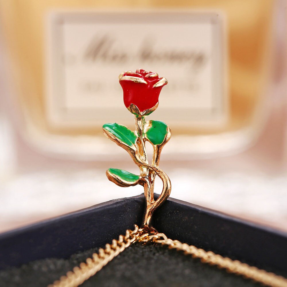 Yobest Red Rose Flower Pendant Necklace for Women Vintage Boho Botanical Necklace Glamour Party