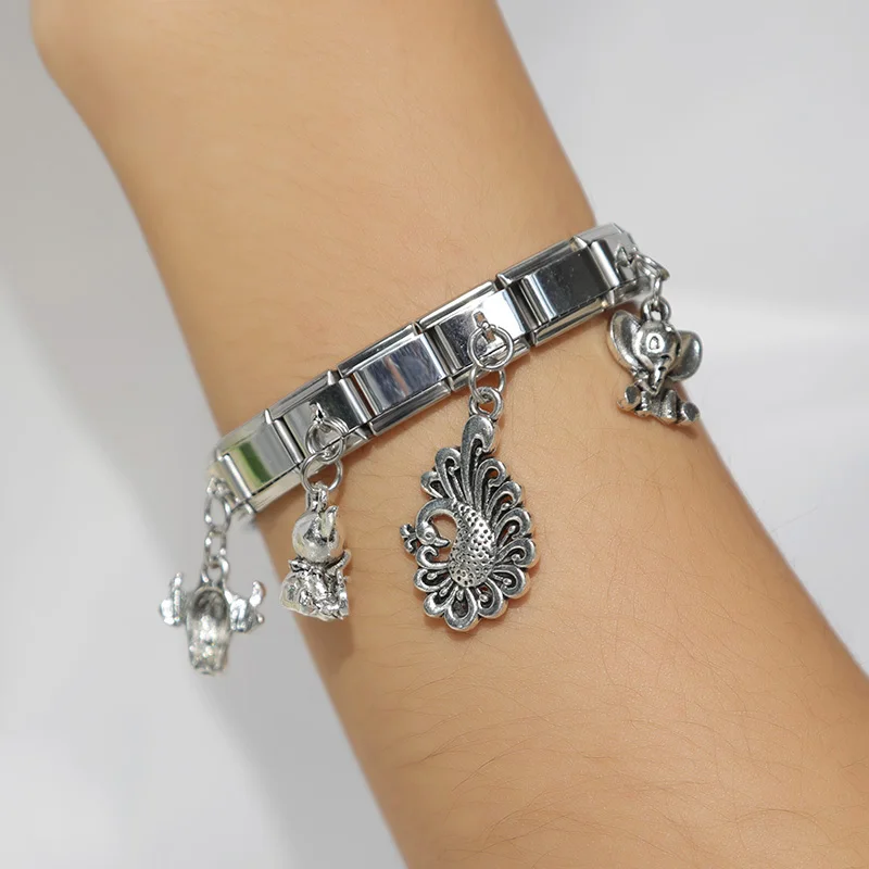 Hapiship Neue Original Gänseblümchen Hund Kuh Elefant Pfau Italienische Verknüpfungen Charme passen 9mm Armbinde Edelstahl Schmuck Machen DJ281