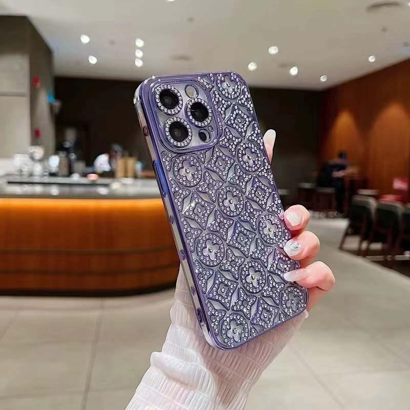 Modernt diamantformad blomma med fint hål i linsen, lämplig för iphone 15 14 13 12 11 pro max, stötdämpande bakstycke: Magmuskler / Lila
