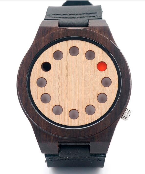 BOBO VOGEL Milieuvriendelijke Houten Horloge Heren Top Luxe Unieke Gaten Lederen Quartz Horloge met Lederen Band: Ivoor