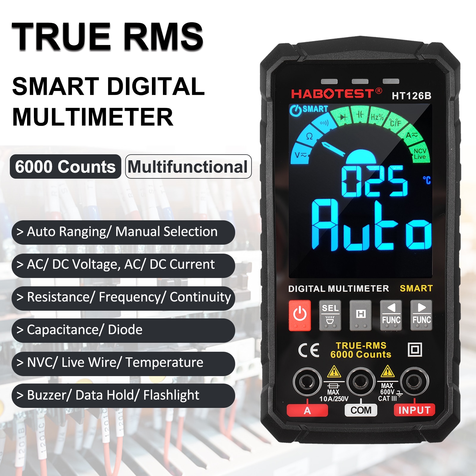HABOTEST – multimètre numérique intelligent HT126B, écran couleur VA, testeur électrique, voltmètre ammètre, 6000 comptes, True RMS, Auto-plage