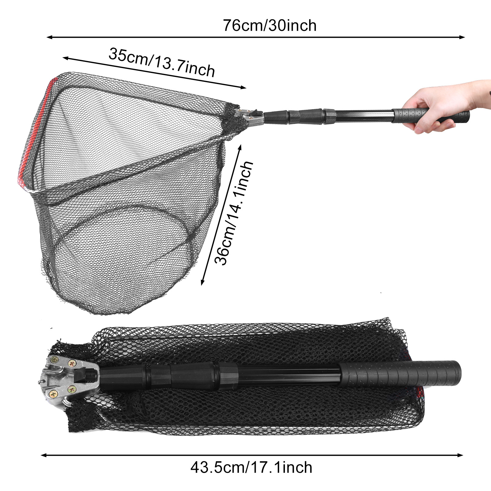 Fishing Landing Net Aluminum Alloy Durable Telescoping Extend to 190cm/130cm/55cm Folding Mesh Safe Fish Catching Releasing