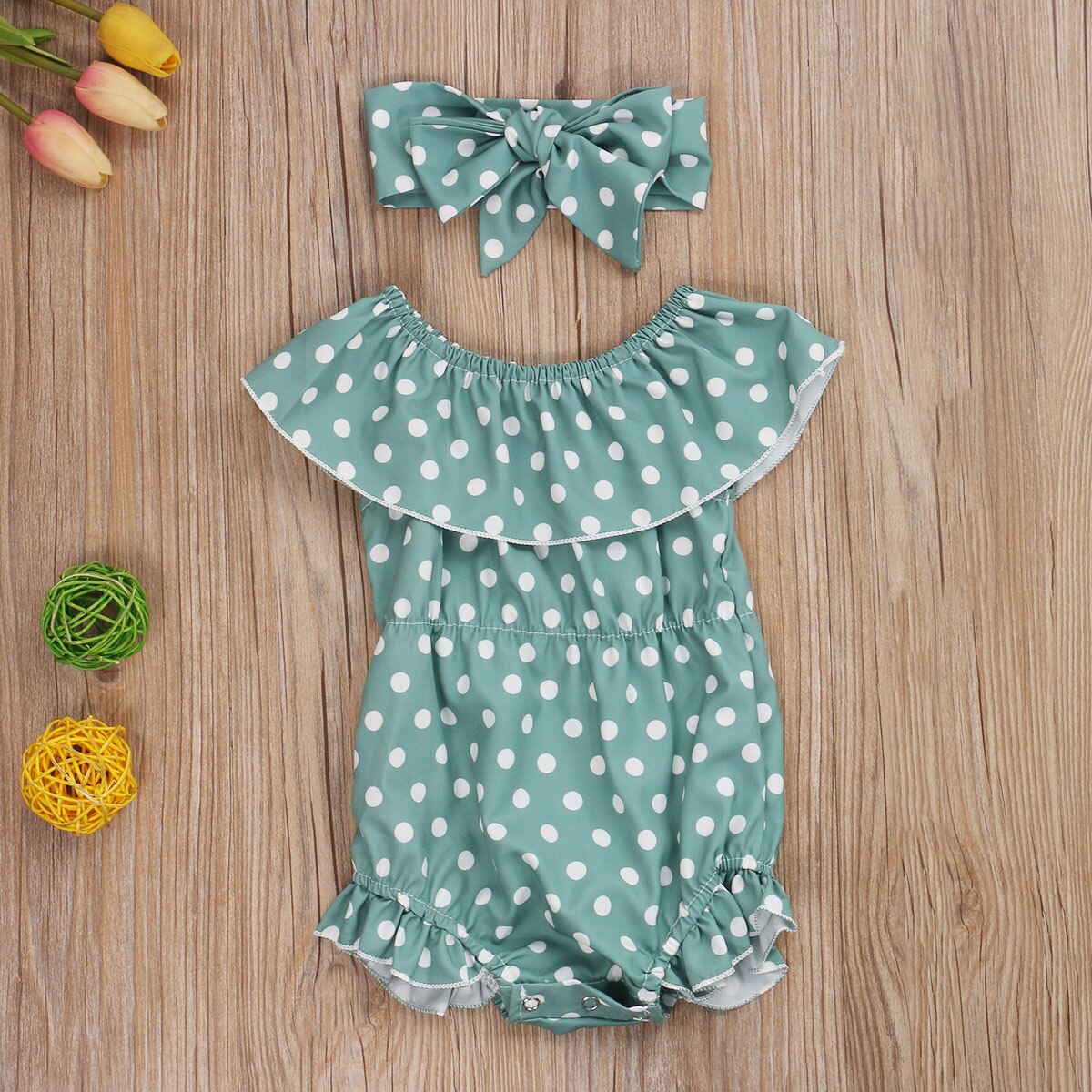 0-24m zomerse schattige babymeisjes-jongens-rompertjes met hoofdband, stippenprint, ruches, mouwen en jumpsuits