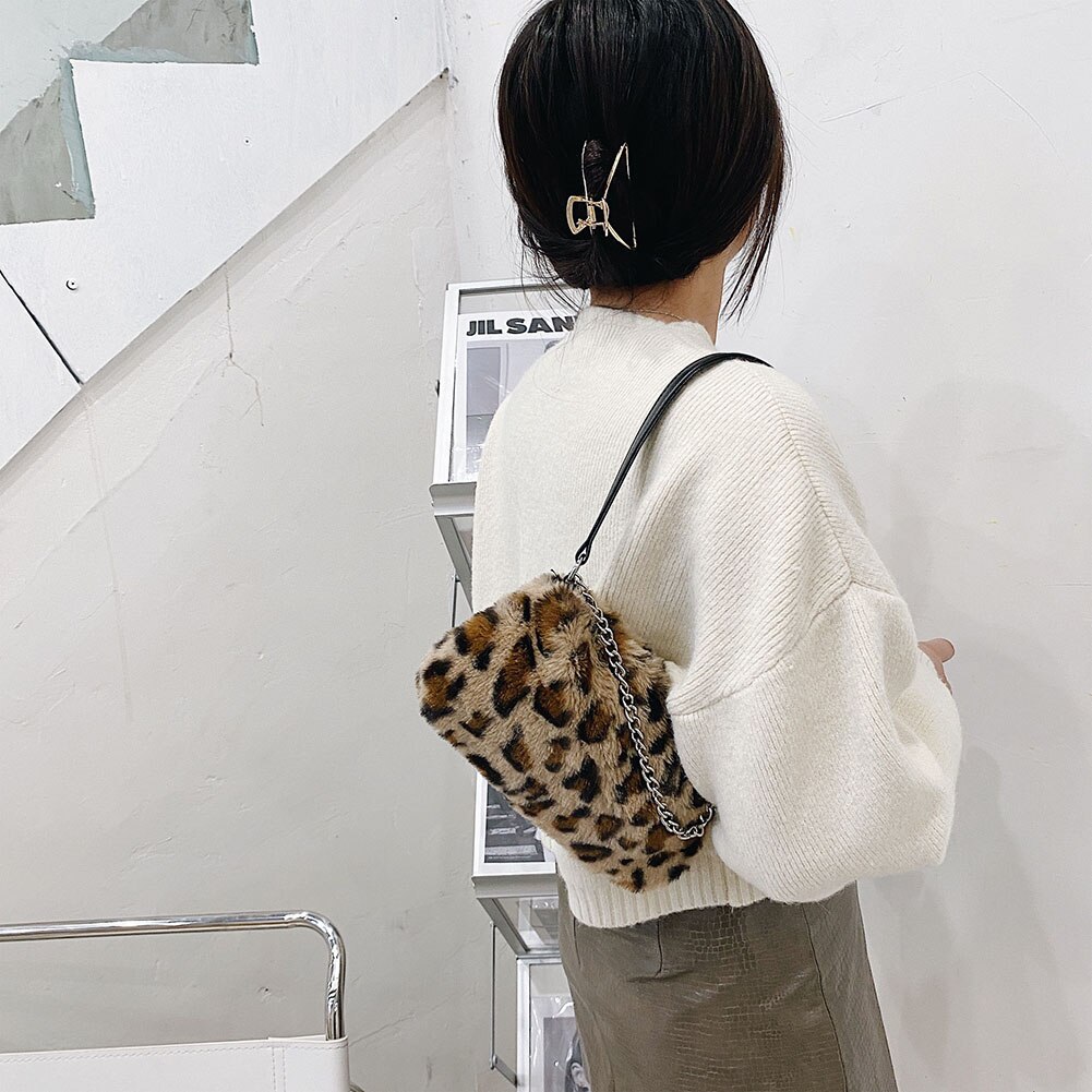 Jeugd Dames Eenvoudige Veelzijdige Top-Handvat Tas Vintage Pluche Keten Schouder Handtassen Voor Vrouwen Herfst Dagelijks Dier Onderarm Tassen