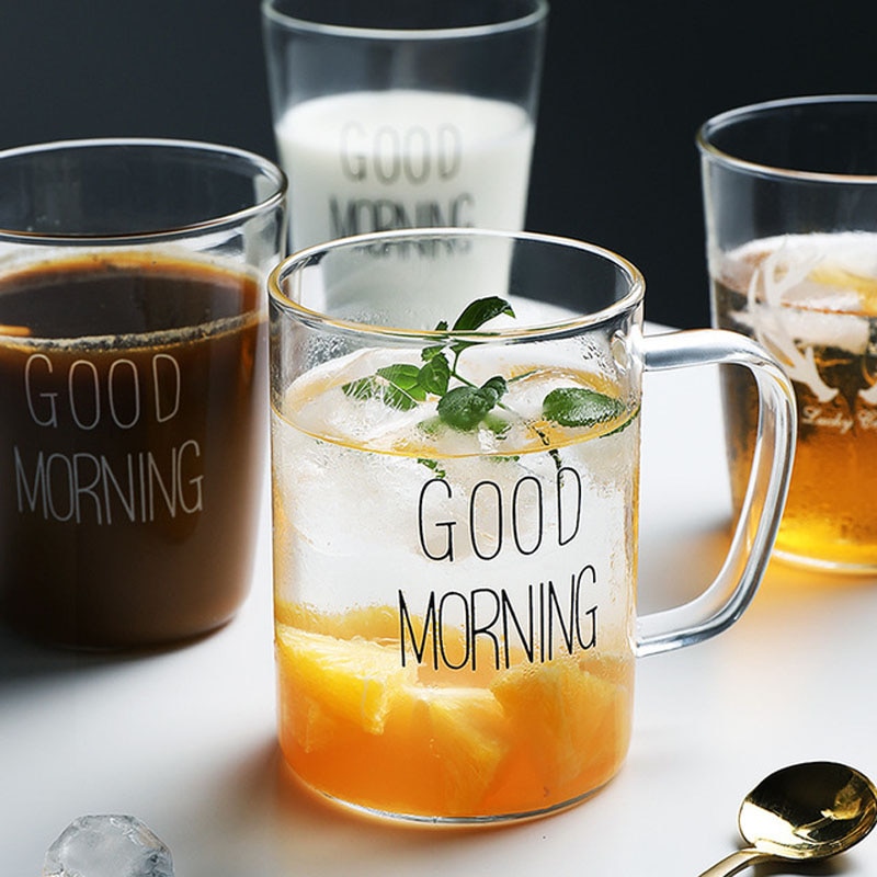 Nordic Good Morning Letters Black White Transparent Milk Glass Coffee Mugs Clear Tea Drinks Cup Dessert Kitchenware