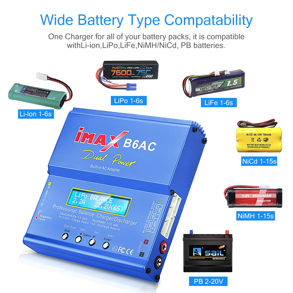 HTRC iMAX B6 AC RC Battery Charger 80W B6AC 6A Balance Charger Digital LCD Screen Li-ion LiFe Nimh Nicd PB Lipo Battery Charger