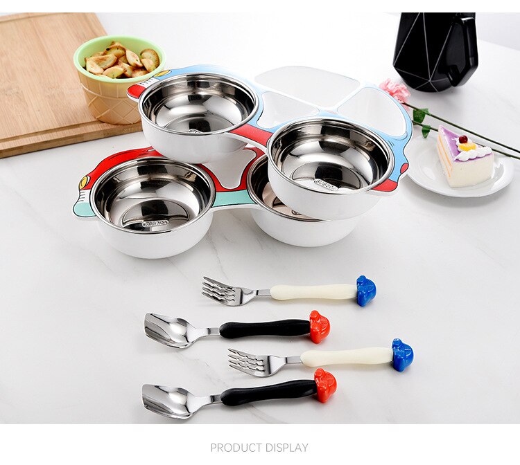 3 pçs/set crianças conjunto de utensílios de mesa pratos aço inoxidável placa alimentação do bebê com colher garfo bonito dos desenhos animados carro forma recipiente comida