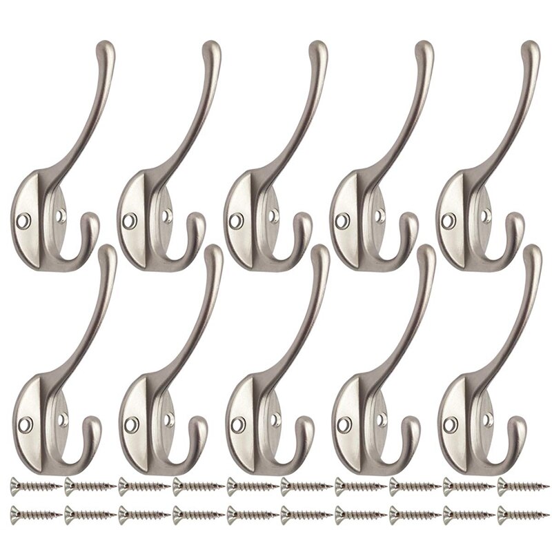 10 Pack Heavy Duty Dual Coat Hooks Wall Mounted with 20 Screws Retro Double Hooks Utility Hooks for Coat, Scarf, Bag, Towel, Key