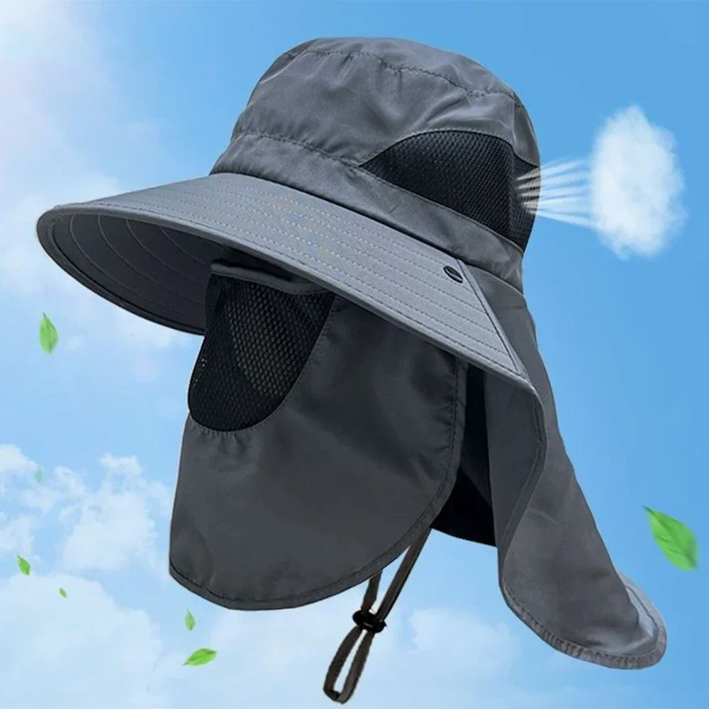 Zomerzonnehoed voor heren, brede rand, UV-bescherming, emmerhoed - vissen en jagen met nekflap, ademend voor wandelen, kamperen