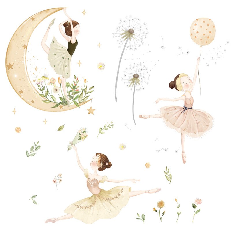 Pegatinas de pared para el hogar, calcomanías de decoración de sala de estar, Mural, Luna, estrella, baile, niñas, papel tapiz de vinilo autoadhesivo extraíble DIY